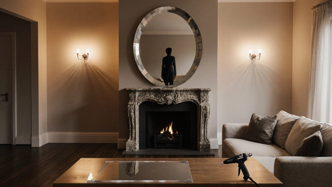 A concave mirror used as décor above a fireplace in a living room.