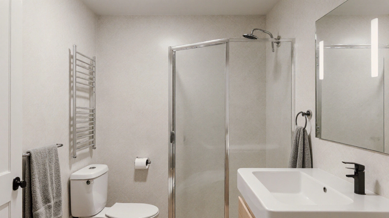 A minimalist bathroom with only the five essential fixtures: toilet, sink, shower, mirror, and towel rack.