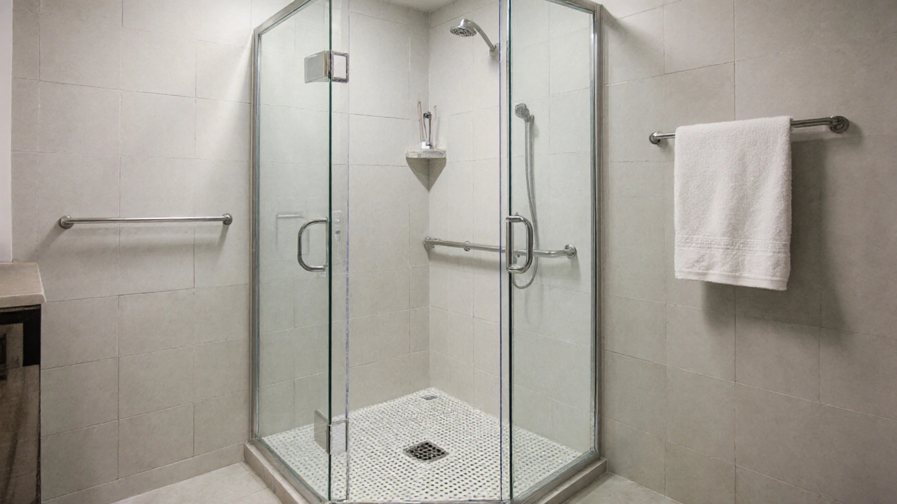 A spacious walk-in shower with towel bar and grab bar, emphasizing safety and drainage.
