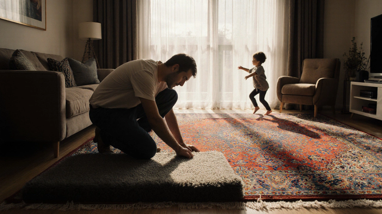 Adult inspecting a durable wool rug on a rug pad while a child plays nearby.