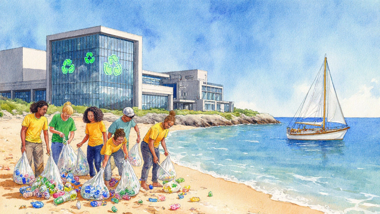 Beach cleanup volunteers beside recycling plant and biodegradable polymer lab.