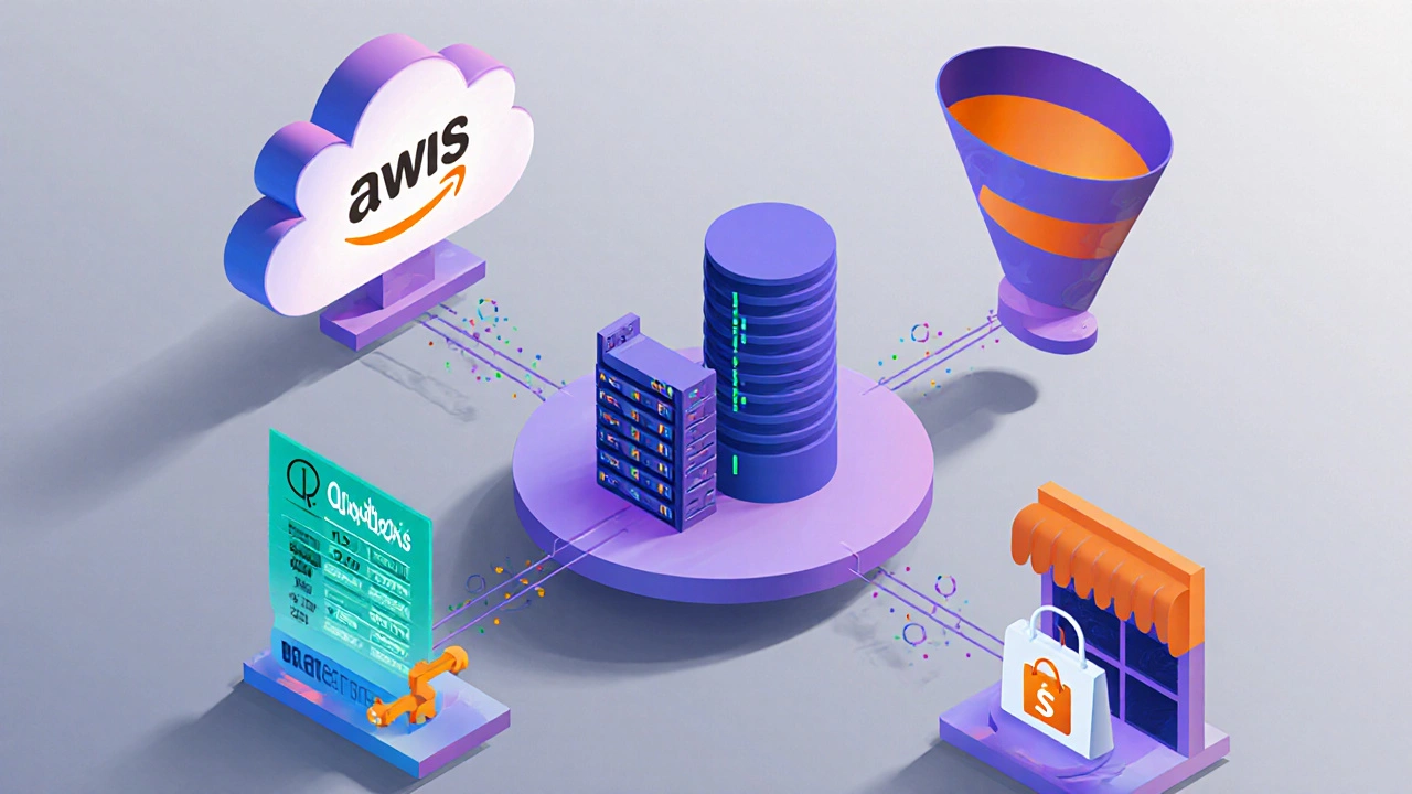 Conceptual collage showing AWS, QuickBooks, HubSpot, Shopify and Siemens Teamcenter icons orbiting a 3D‑printed part.