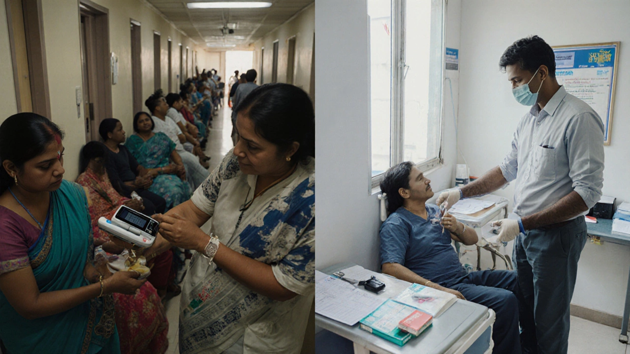 Contrasting healthcare settings in India: public glucose testing vs private biologic injection