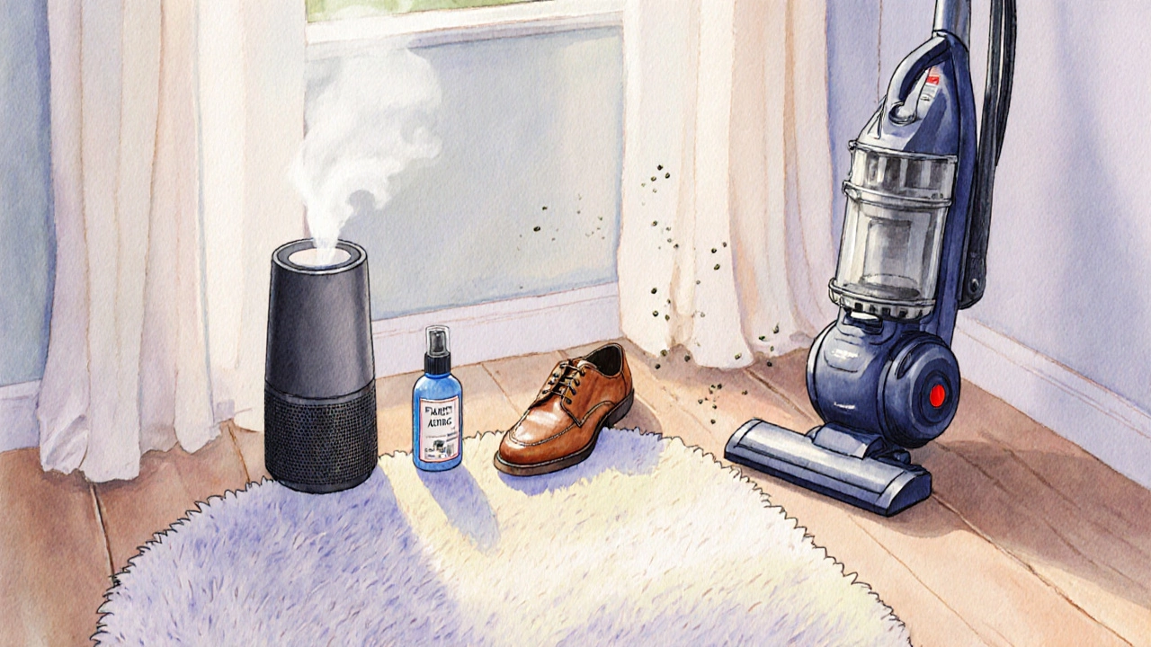Cozy room showing rug, humidifier, leather shoes, spray and vacuum.