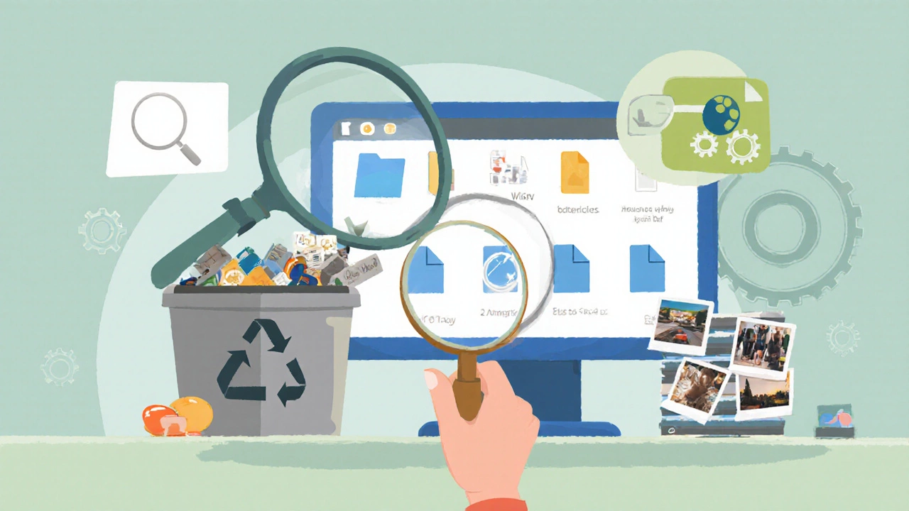 Desktop view with recycle bin, downloads folder, cache icons, and duplicate files.
