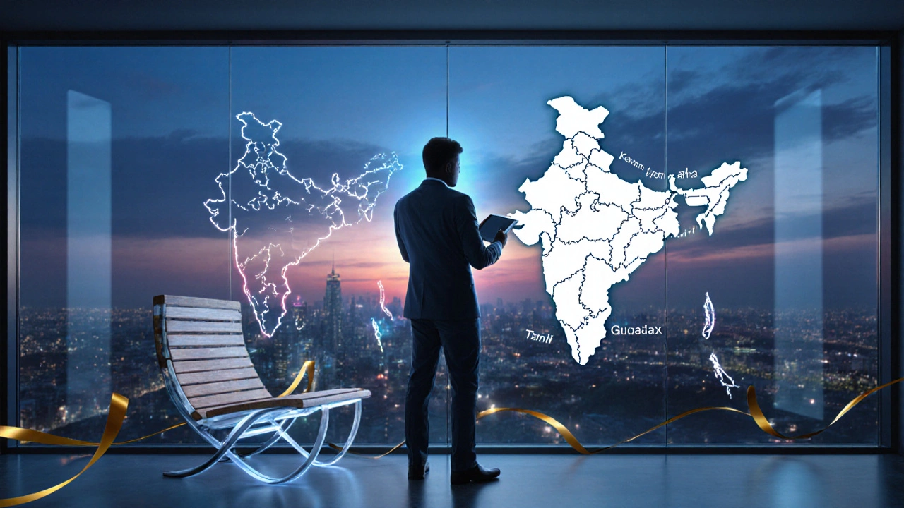 Entrepreneur in modern office with city view, glowing India map and furniture blueprint.