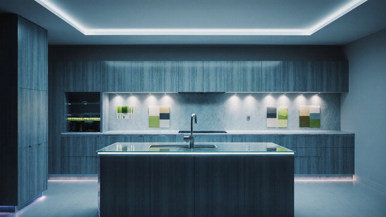 Futuristic hybrid kitchen with smart built‑ins, bamboo panels and integrated LED lighting.