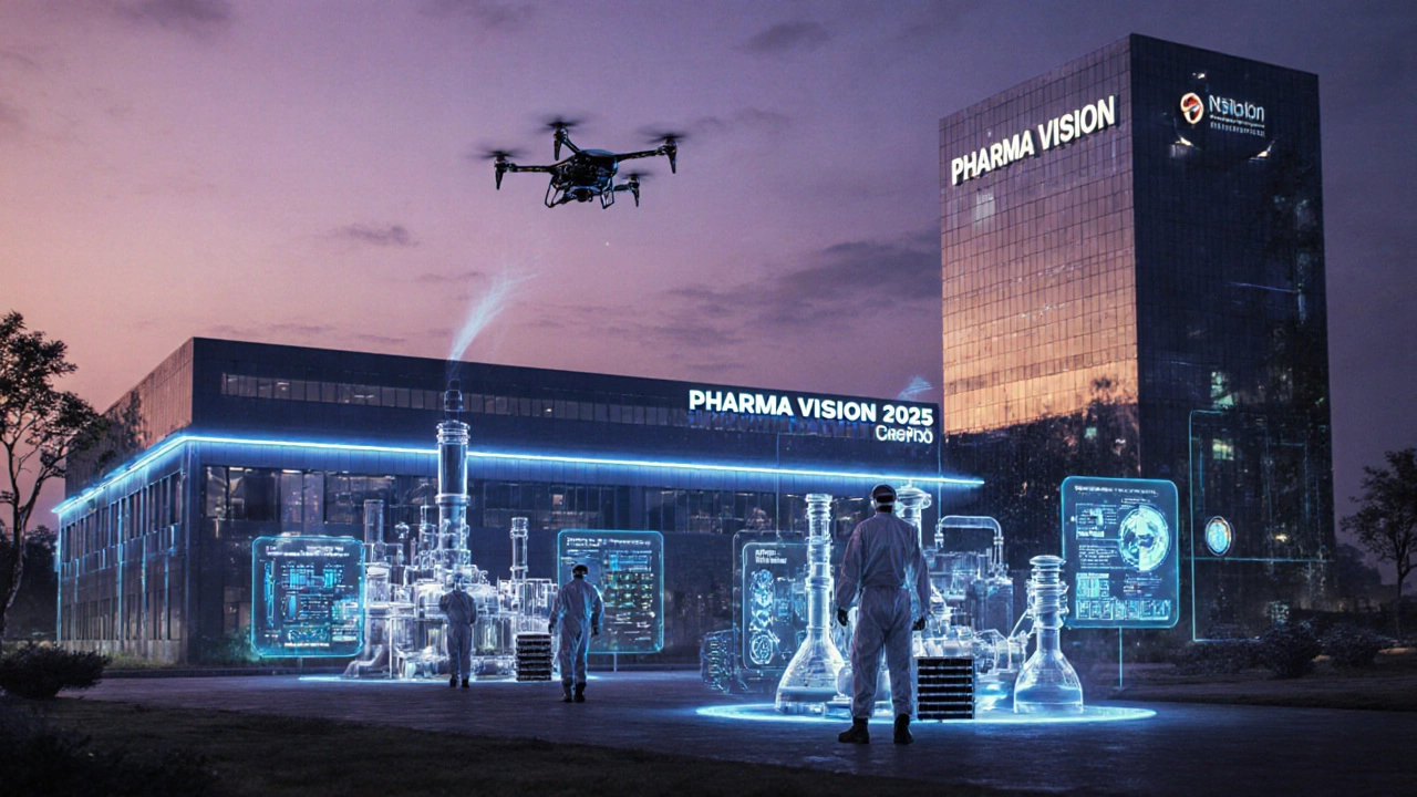 Futuristic Indian pharma campus at dusk with biosimilar wing, API labs, scientists, and glowing buildings.