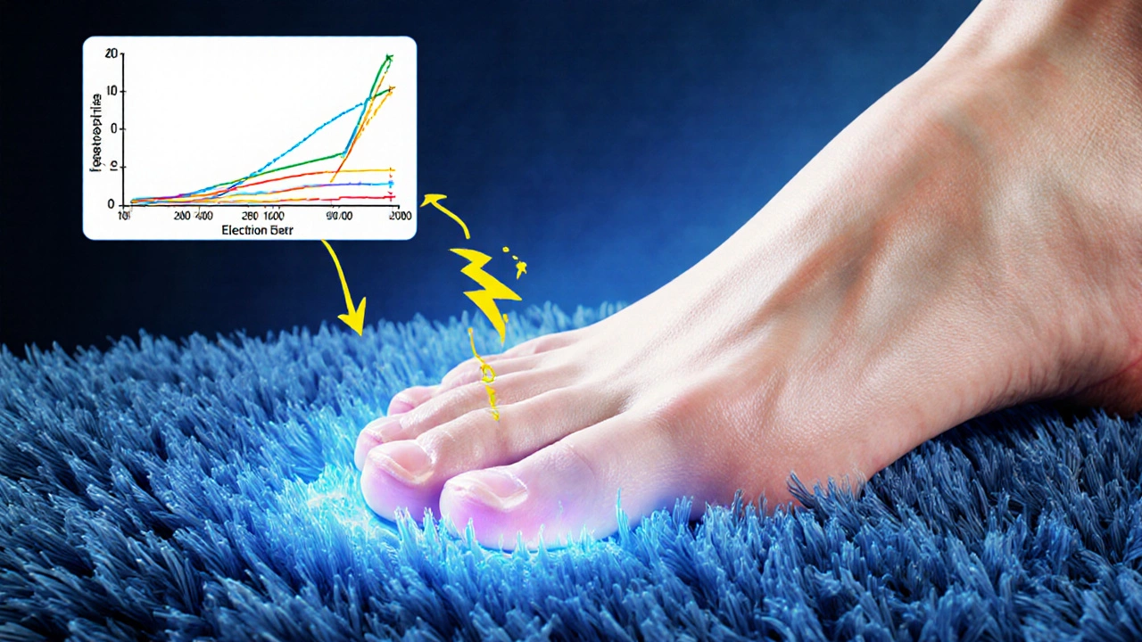 Illustration of electrons moving from foot skin to rug fibers.