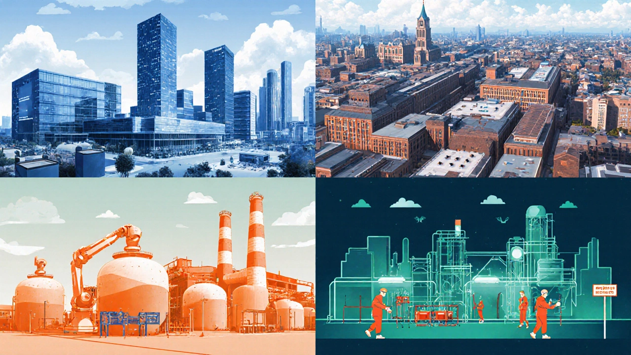 Illustration of four pharma regions: US biotech labs, EU research park, Chinese chemical factory, Indian generic plant.