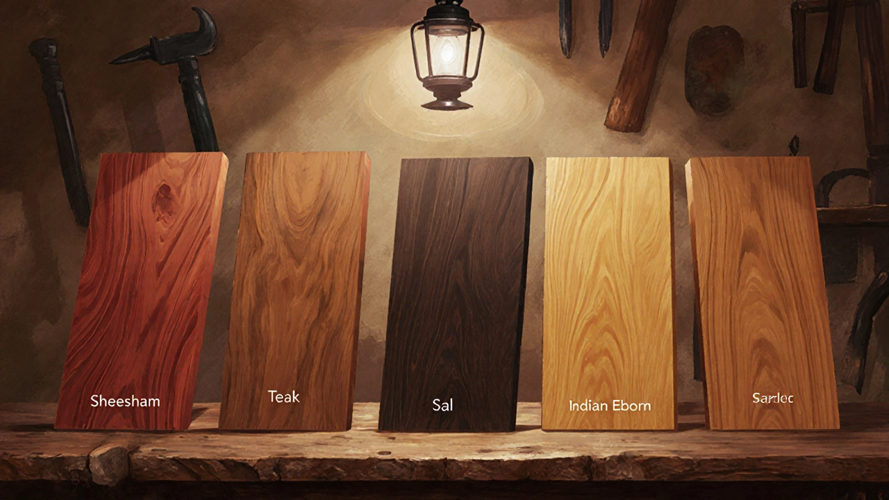 Illustration of six Indian hardwood boards displayed side by side, showing grain colors.