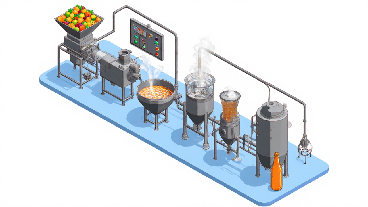 Isometric view of a fruit‑juice processing line with grinder, mixer, pasteurizer and bottling.