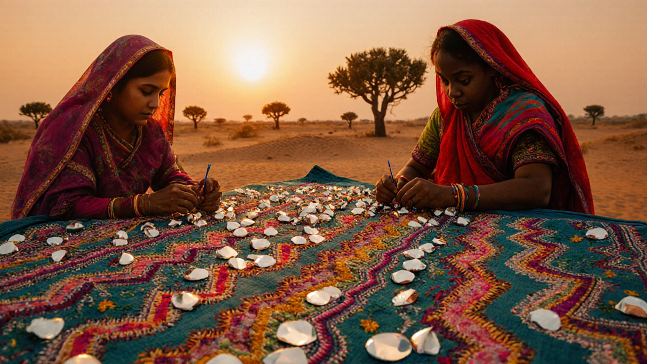 Kutch embroidery shawl with mirrors and colorful stitches under desert twilight.