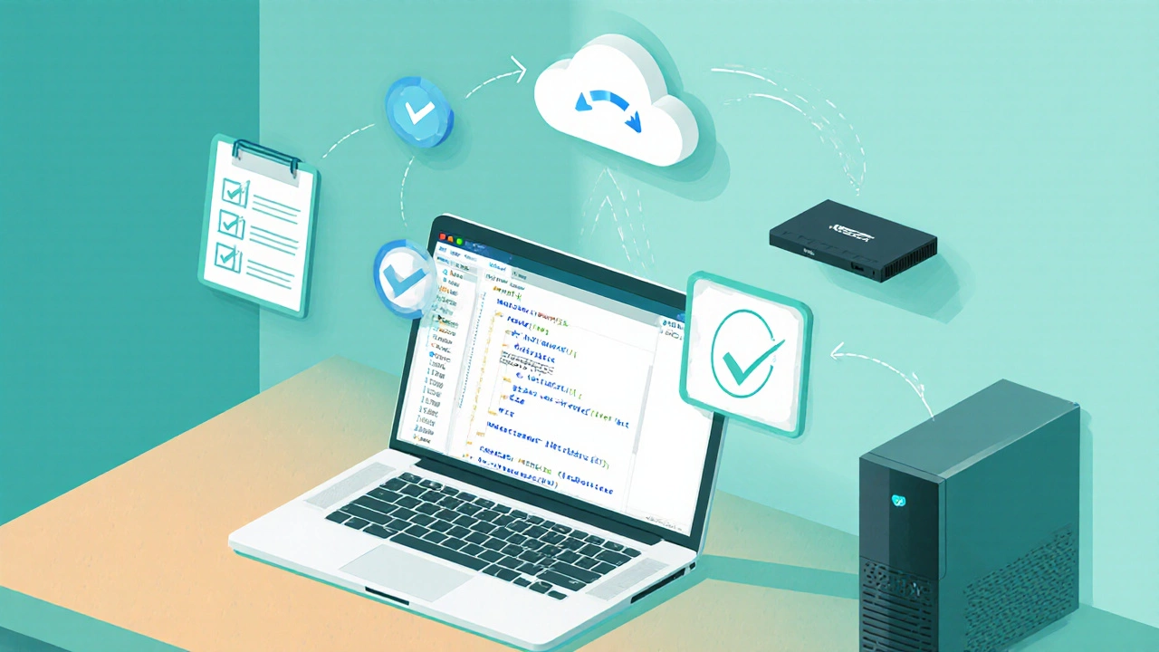 Laptop with script running, cloud backup, external drive, and checklist icons.