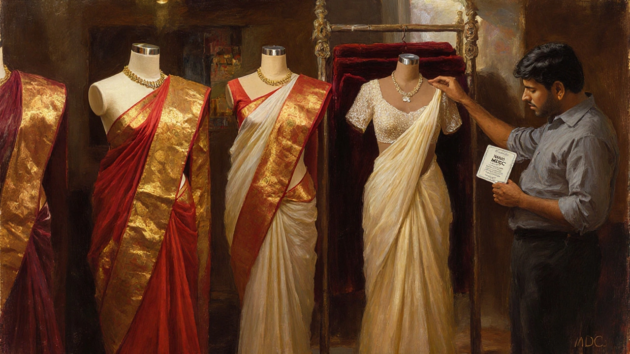Luxurious Paithani silk sarees and Georgette gowns displayed in a market interior.