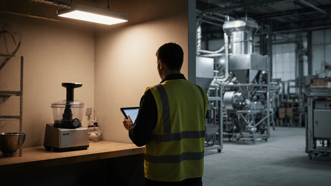 Manager comparing a tabletop processor and a large processing unit on a factory floor.
