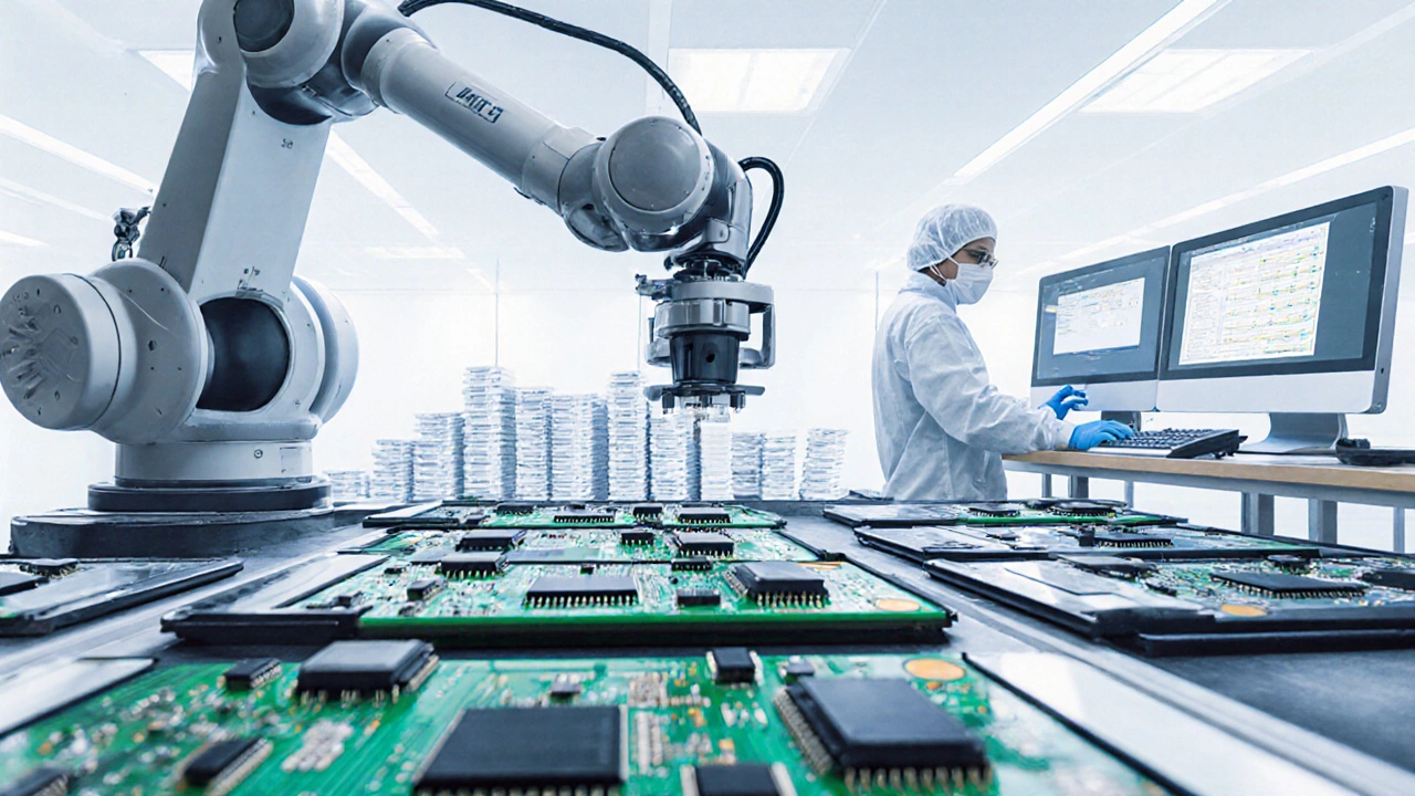 Modern electronics assembly line in Hyderabad with robots and engineers.
