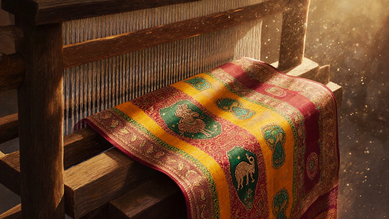 Patola silk sari being woven on a traditional loom with intricate geometric patterns.