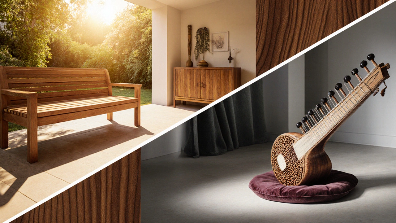 Scene showing teak bench outdoors, Sal cabinet indoors, and Sheesham instrument.