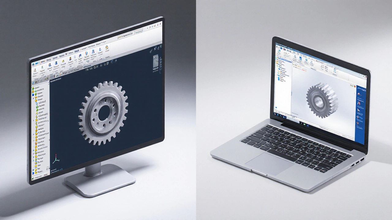 Side‑by‑side illustration of SolidWorks desktop UI and Fusion 360 cloud UI with the same gear model.