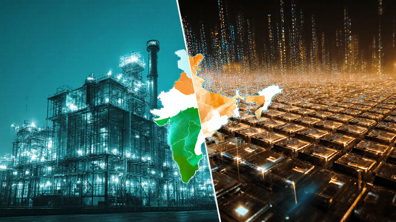 Split illustration of a refinery and a semiconductor fab representing future exports.