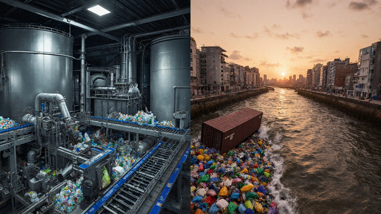 Split scene of plastic factory production and city waste leaking into the sea.