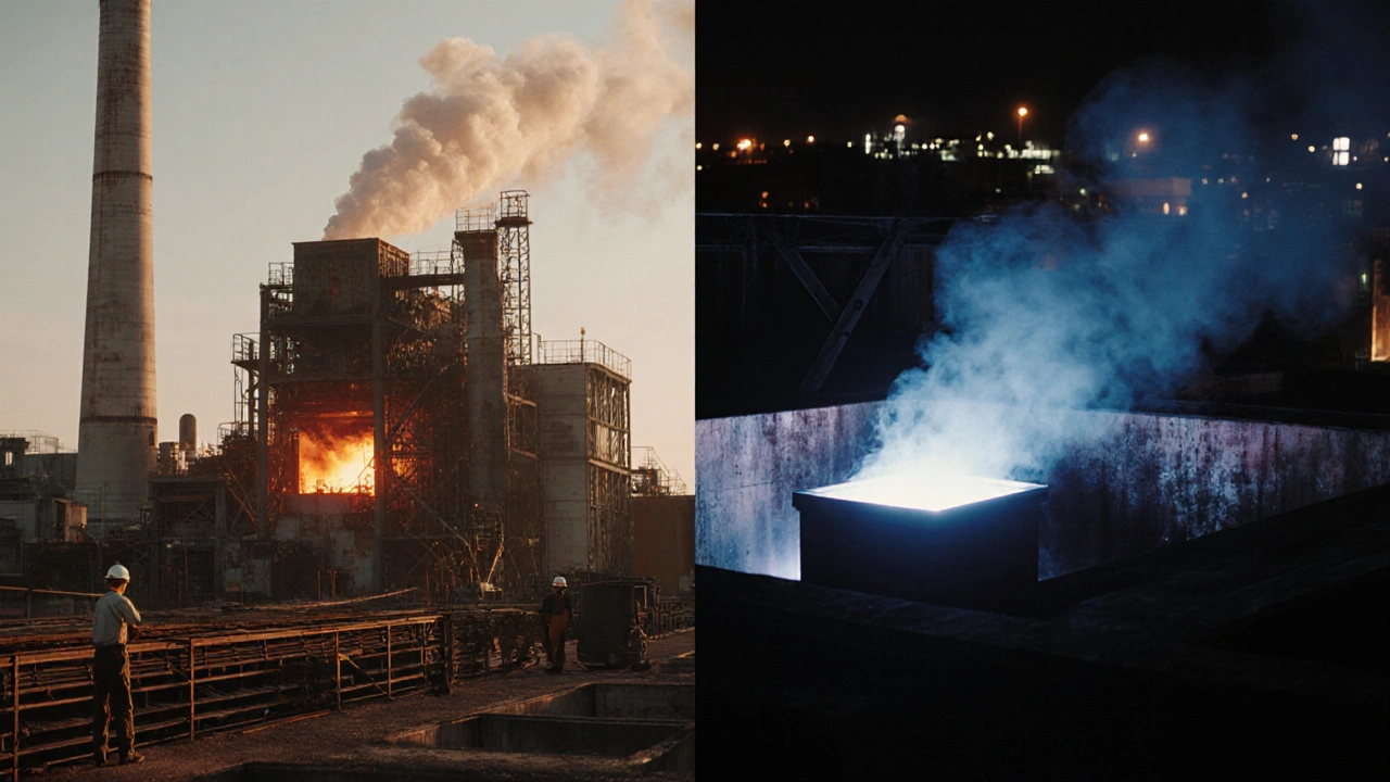 Split-scene showing Gary Works blast furnace beside Hobson electric‑arc furnace and other major plants.