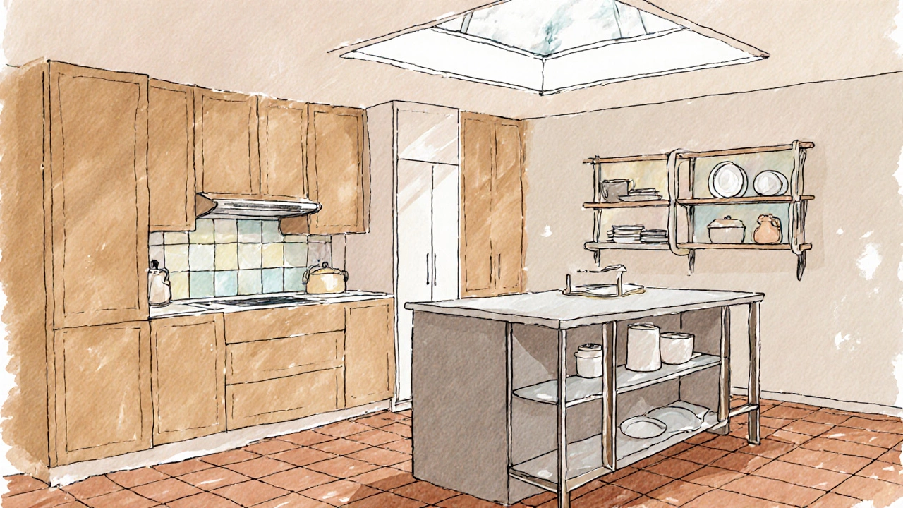 Stylish kitchen showing built‑ins alongside freestanding island, open glass shelves, and modular units.