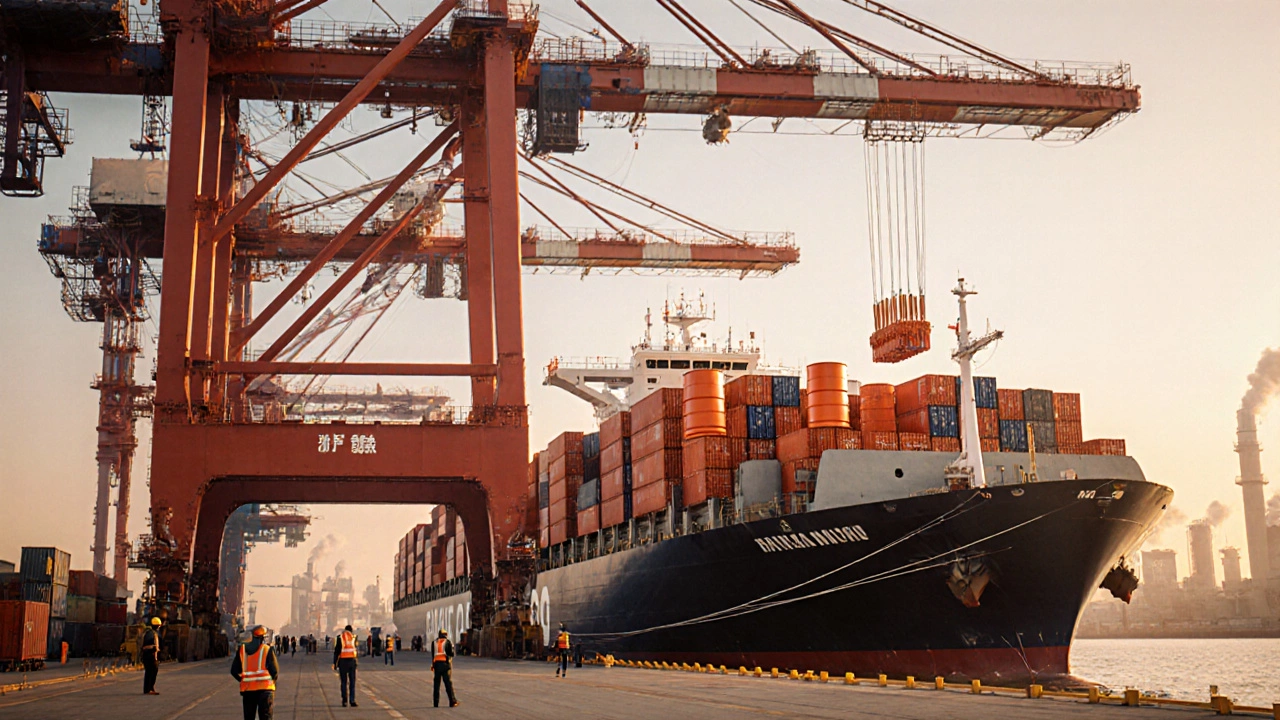 Sunrise view of a busy Chinese port loading orange polymer resin drums onto a cargo ship.