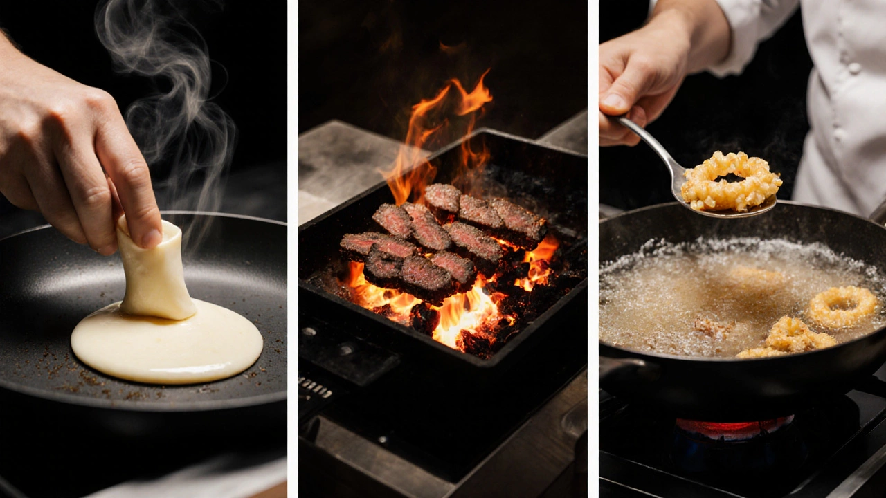 Three cooking actions: tamagoyaki roll, hibachi searing, tempura frying.