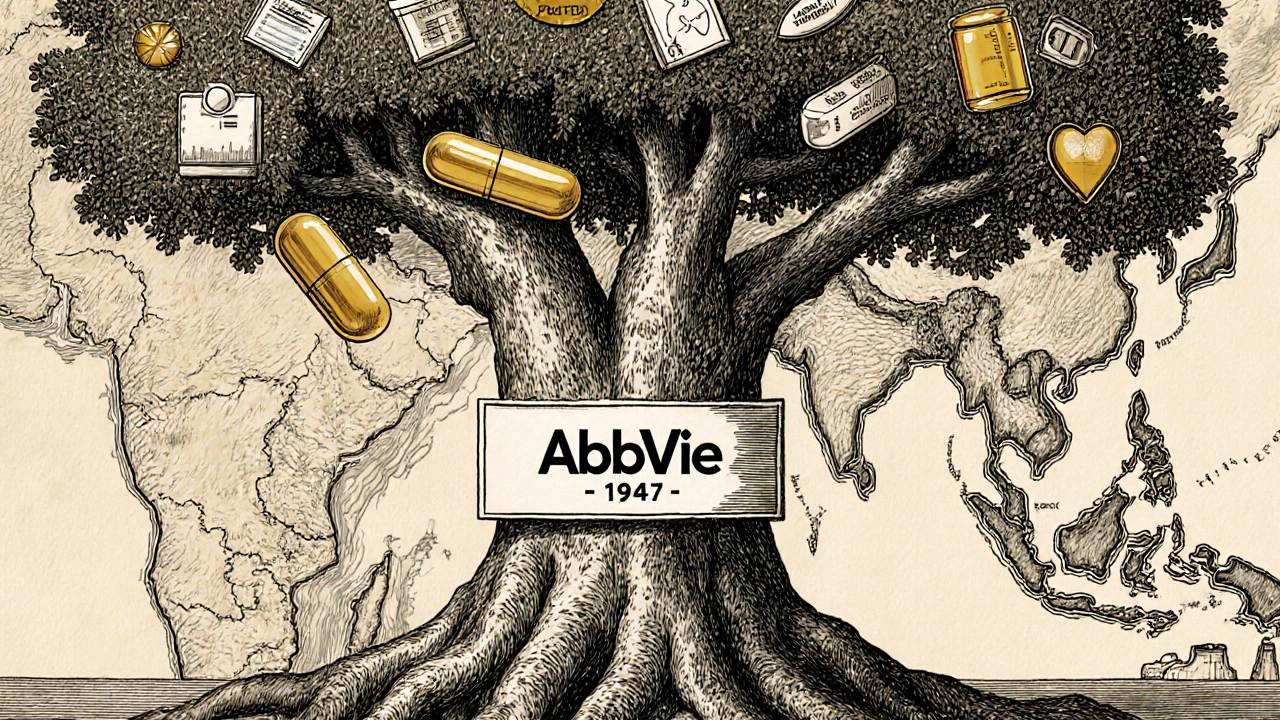Two trees symbolizing Abbott and AbbVie growing from shared roots in India's healthcare system