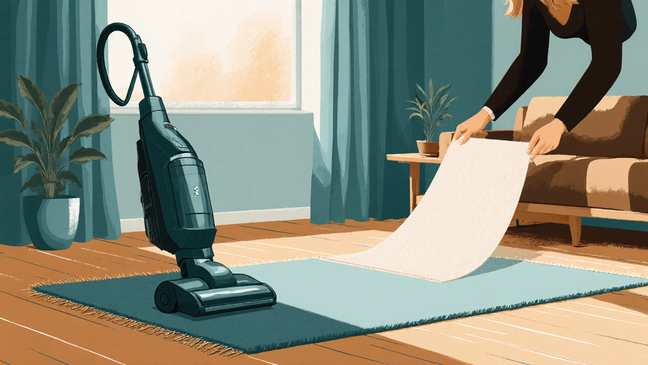 Vacuuming a wool rug, hands rotating it, and curtains shielding sunlight in a living room.