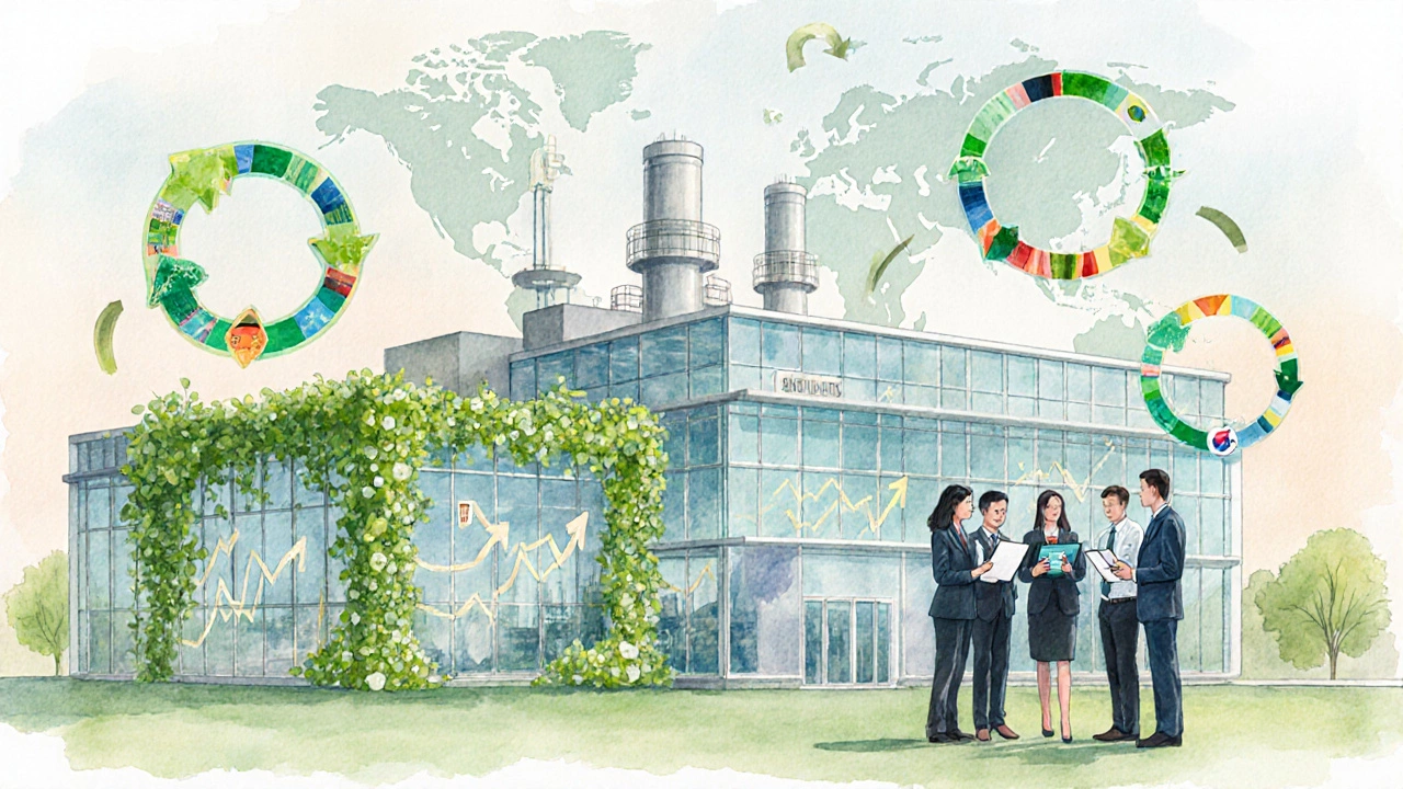 Watercolor scene of a sustainable bio‑plastic factory with recycling loops and diverse business team.