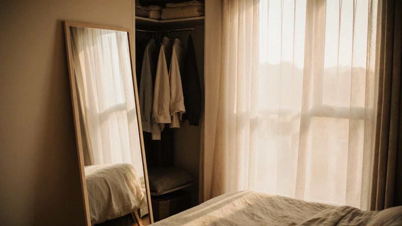 A leaning full-length mirror in a bedroom beside a closet, reflecting organized clothing and soft light.