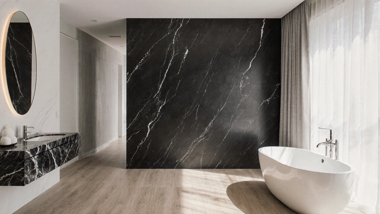 A luxury bathroom with a dark accent wall, light wood floors, and marble vanity in natural daylight.