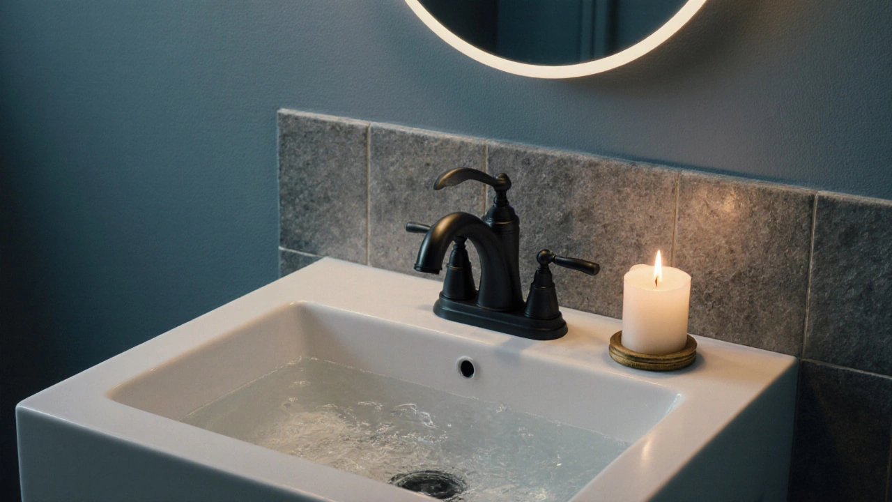 A soft blue bathroom with matte black fixtures and stone tiles, glowing under warm lighting.