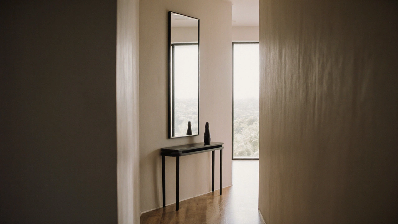 A tall, frameless mirror in a narrow hallway reflecting a window to enhance natural light.