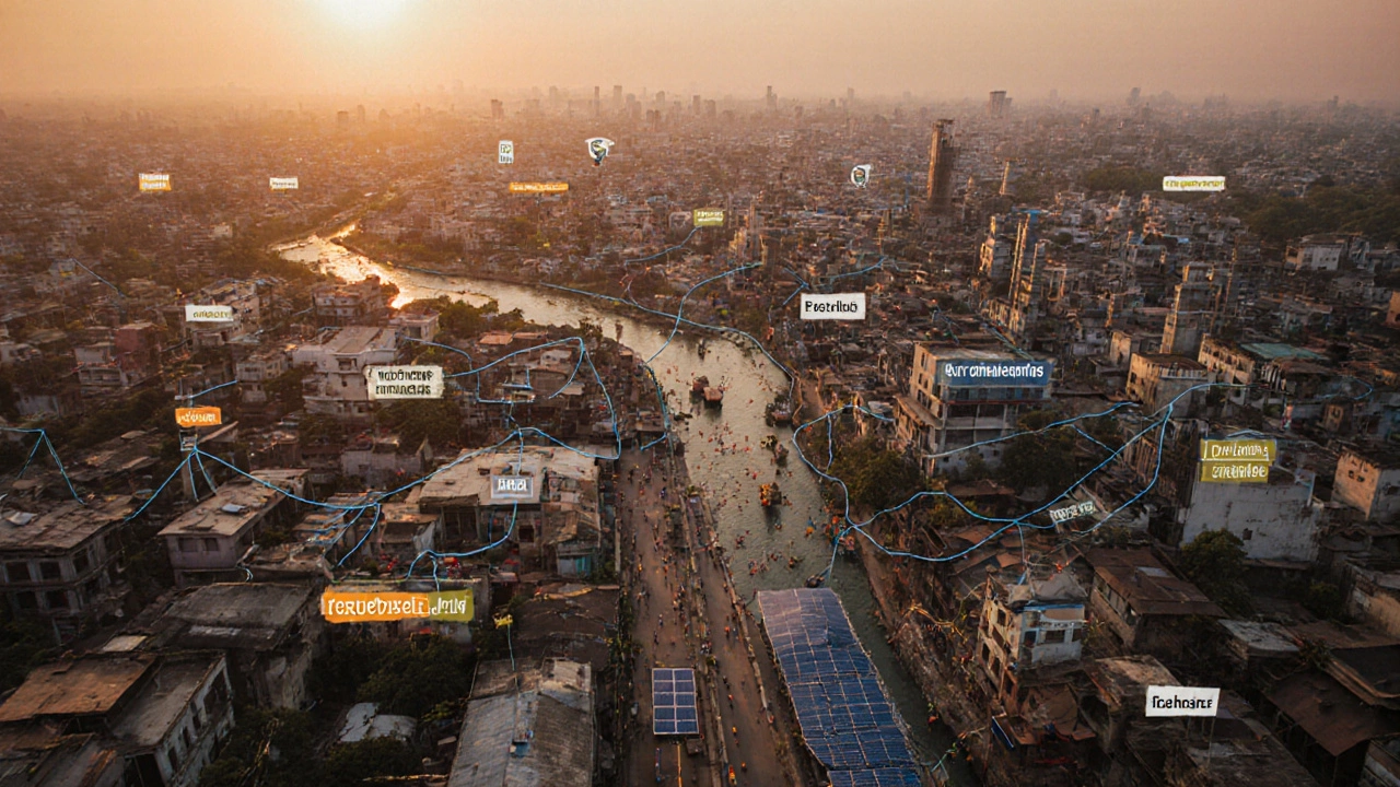 Aerial view of Coimbatore as a living textile network of workshops and factories.