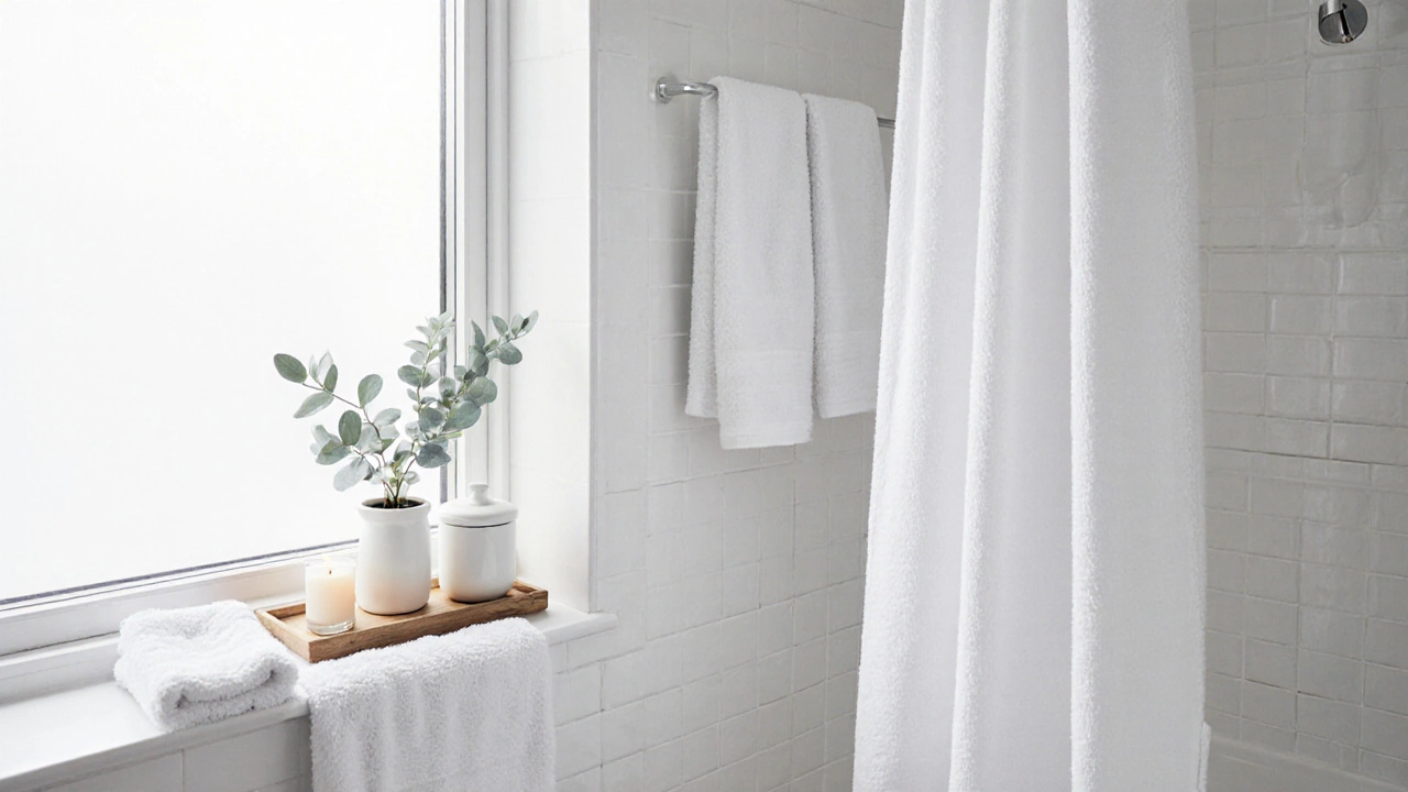 All-white bathroom with ceramic jars, a wooden tray, and a eucalyptus plant under bright natural light.