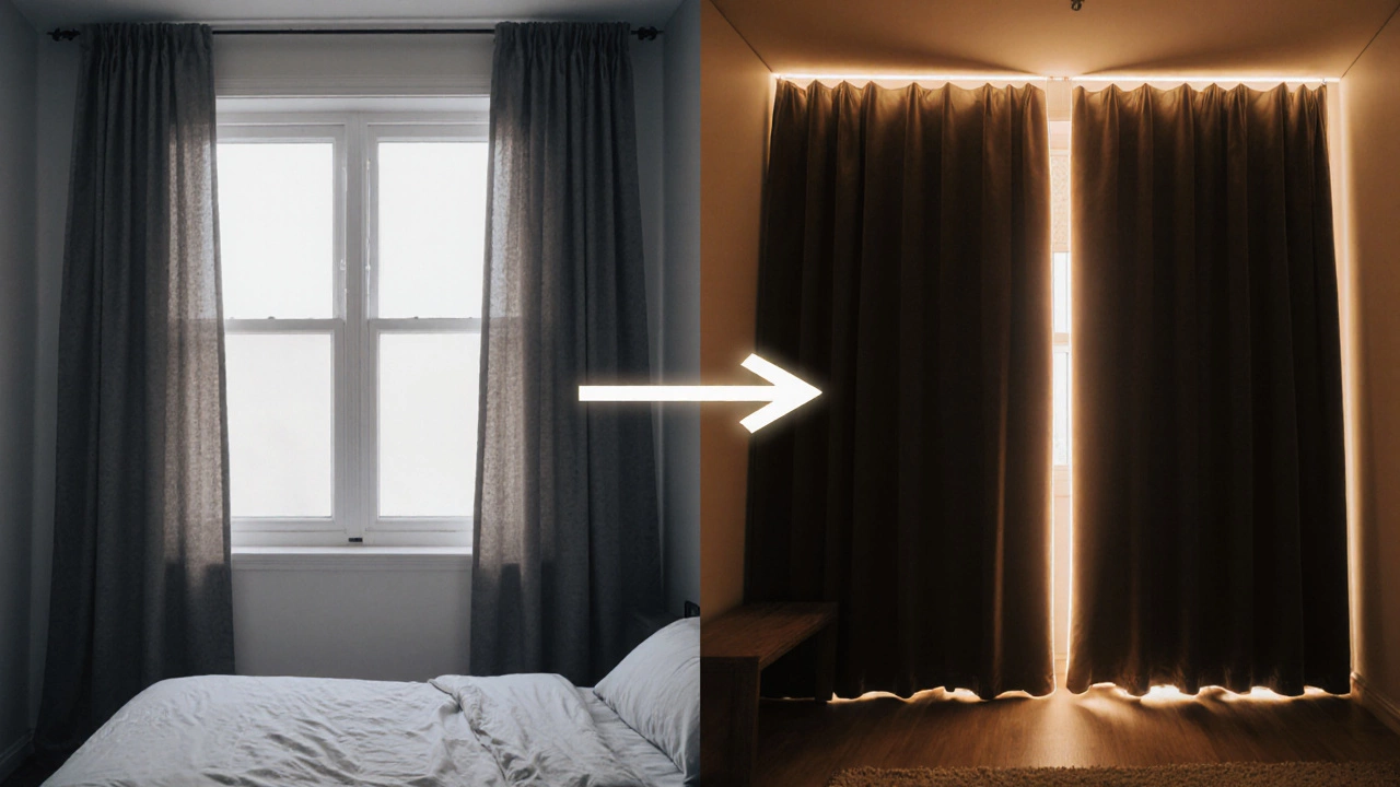 Before-and-after comparison showing how ceiling-mounted curtains make a room appear taller and more spacious.