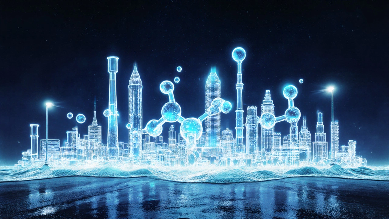 Chlorine molecules shaped into Indian city skyline with PVC pipes and water treatment towers.