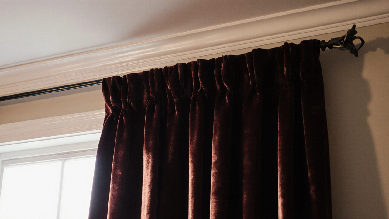 Close-up of a ceiling-mounted curtain rod with heavy velvet drapes pooling gently on the floor.