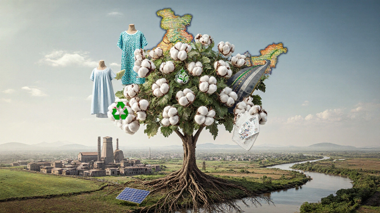 Cotton plant growing from India map, fibers turning into smart fabrics and medical textiles.