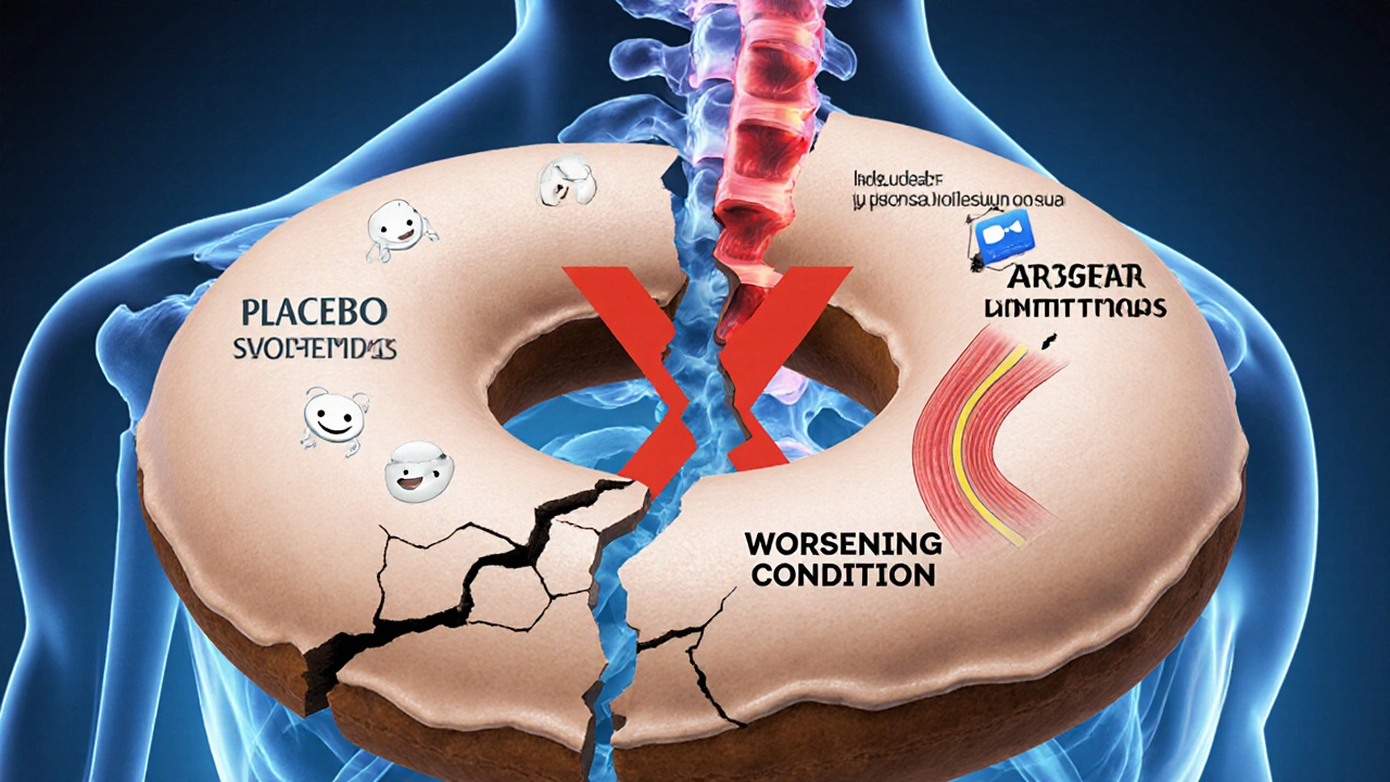 Donut cushion splitting between placebo and worsening sciatica, with anatomical details.