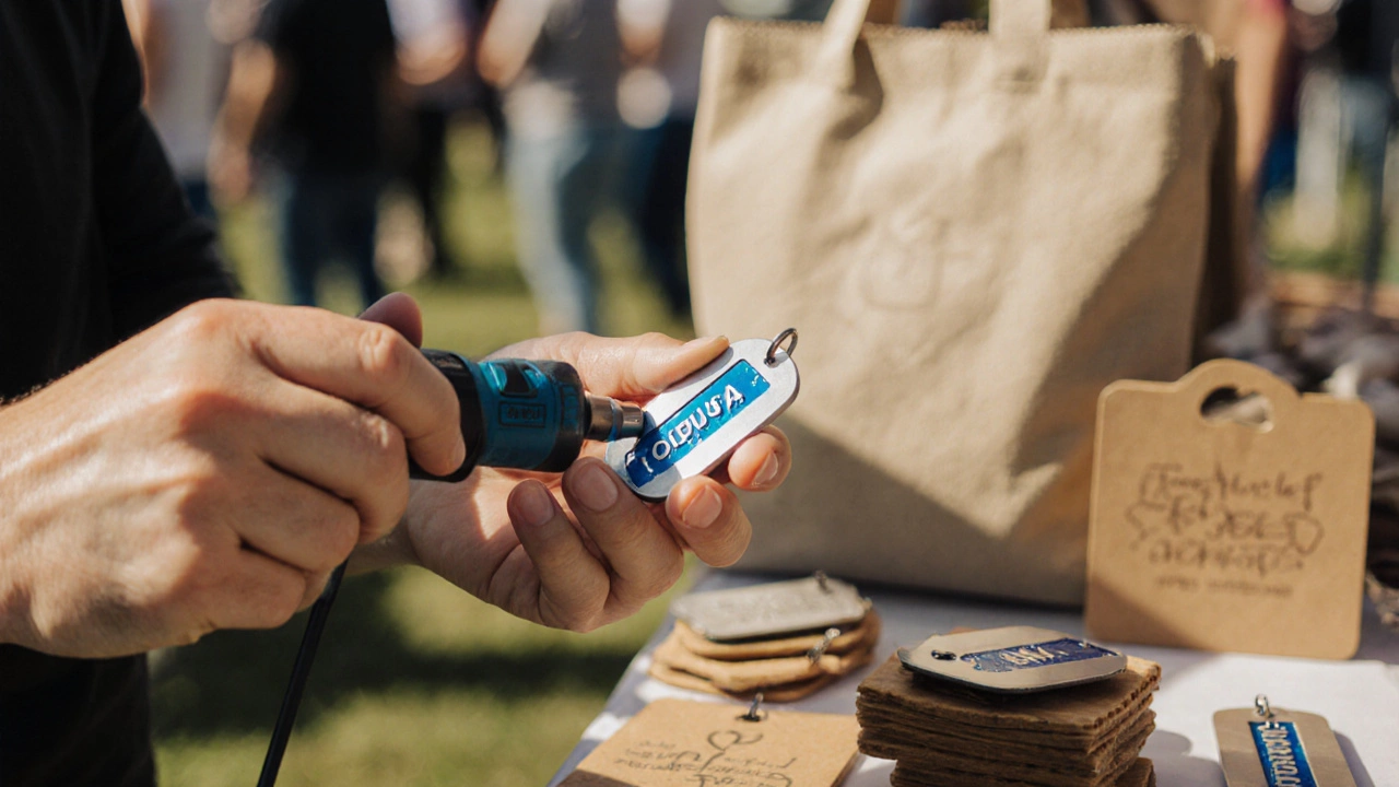 Engraved aluminum dog tag with epoxy detail beside recycled packaging