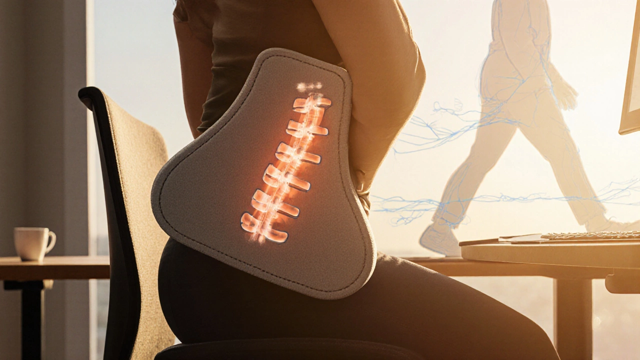 Ergonomic cushion supporting neutral spine alignment with gentle movement in background.