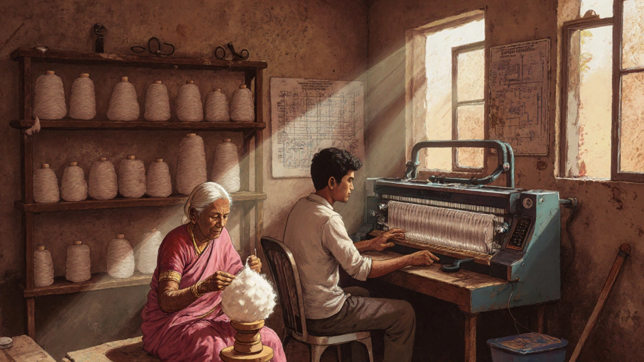 Family working together in a textile workshop—spinning yarn and operating a digital loom.
