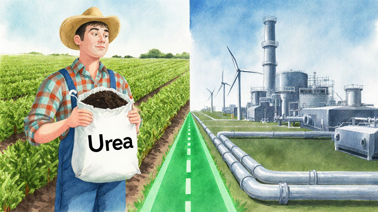 Farmer with fertilizer next to ammonia plant and wind turbines, symbolizing green transition.