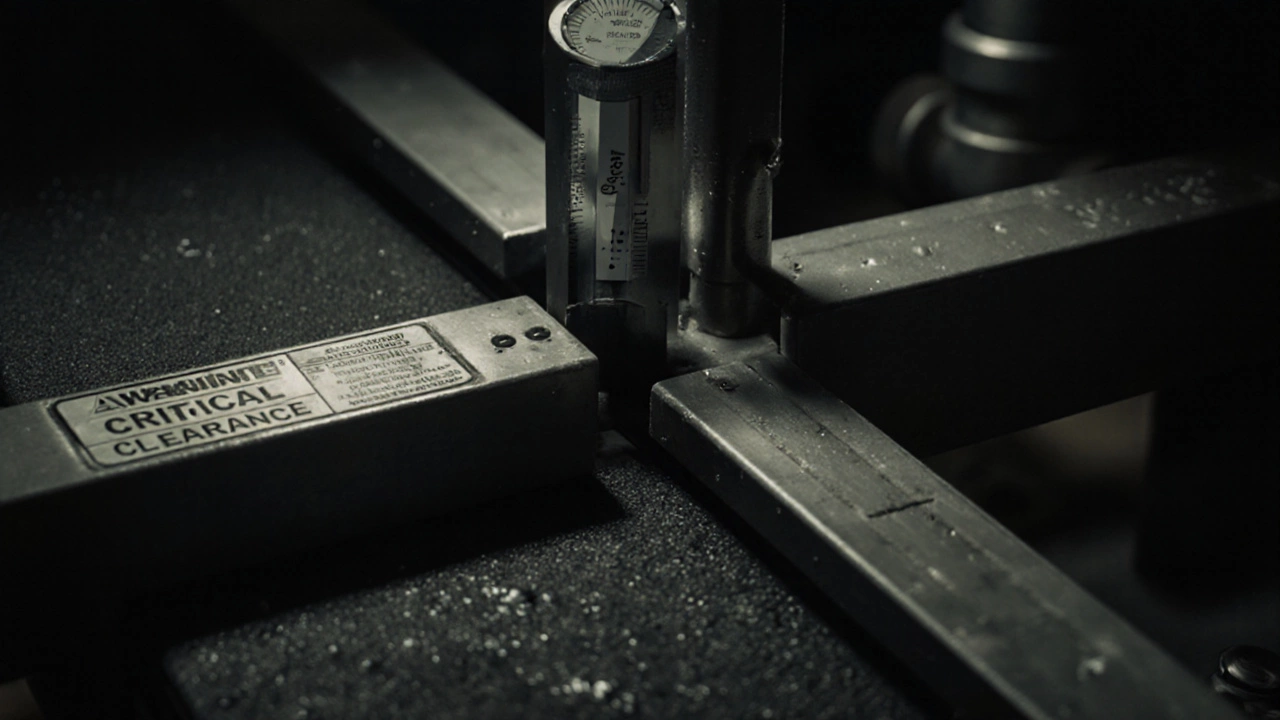 Feeler gauge testing clearance between conveyor belt and guide in a food plant.