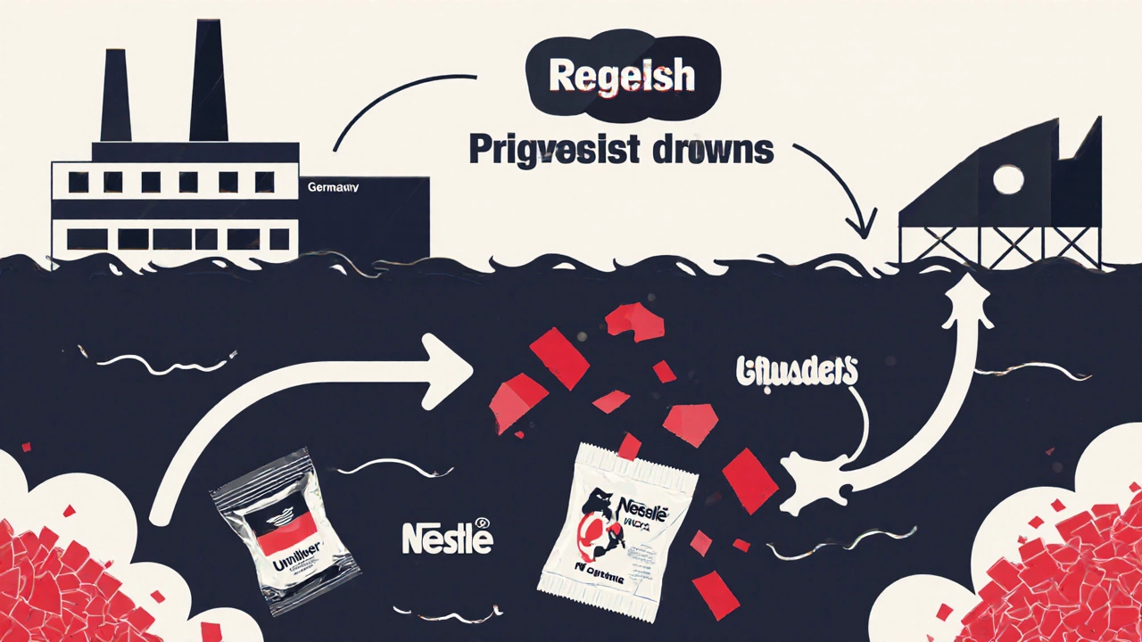 Global plastic supply chain showing factory production leading to ocean pollution in Southeast Asia.